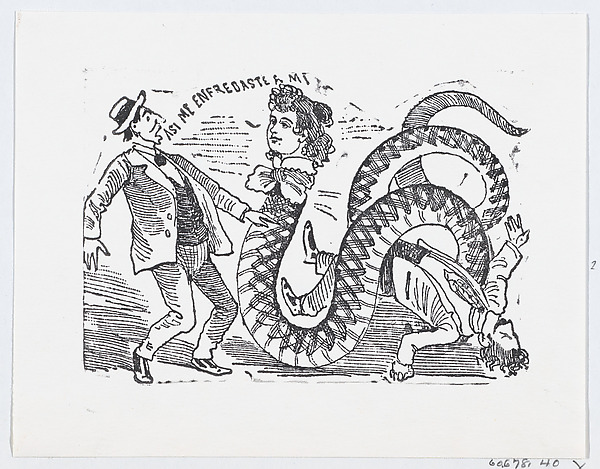 A snake with a woman's head slithering towards a scared man, an illustration from 'The Ballad of the Snake Woman' (reprinted 1930)