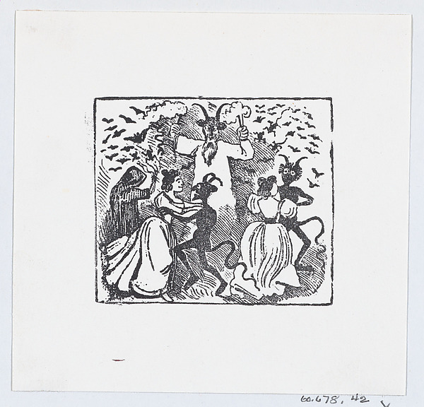 Demons dancing with women and bats flying through the sky