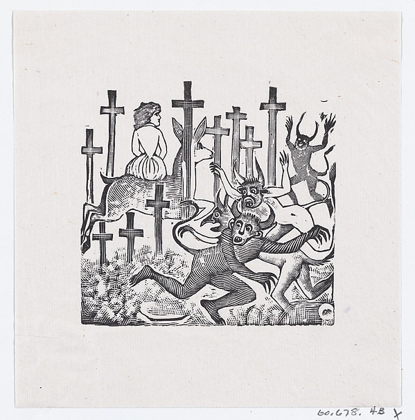 Demons running away from a woman on a deer riding through a field of crosses