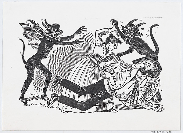 A woman surrounded by demons stabbing a man to death from a broadside entitled 'Horroroso Asesinato'