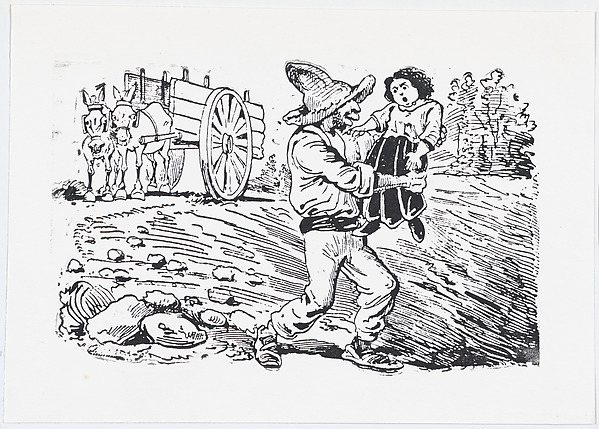 A man in a hat kidnapping a child from a broadside entitled 'Los roba-chicos en acción'