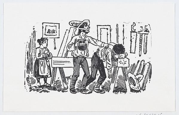 A man with a pitcher in his hand tapping the shoulder of another man resting on wooden beam