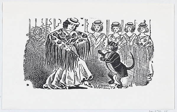 A woman dancing with a cat in a suit