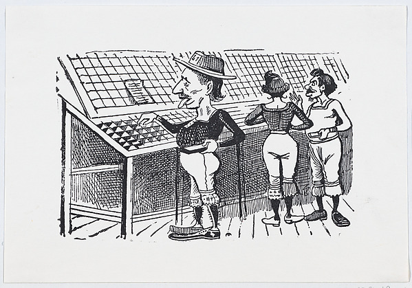 A man wearing bloomers and a hat looking through merchandise
