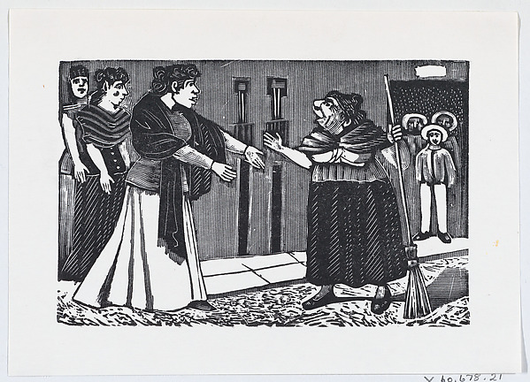 An old woman with a broom in her hand arguing with a younger woman from a broadside entitled 'El Pleito de Vecindad'