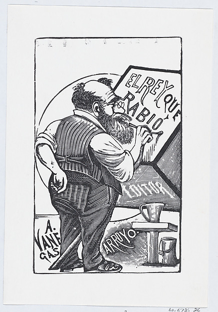 An old man with spectacles and one hand behind his back painting on a wooden block, illustration for 'El Rey que Rabio'