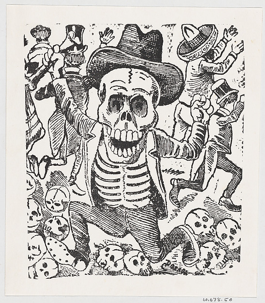 A skeleton holding a bone and leaping over a pile of skulls while people flee, from a broadside entitled 'Las bravisimas calaveras Guatemaltecas'