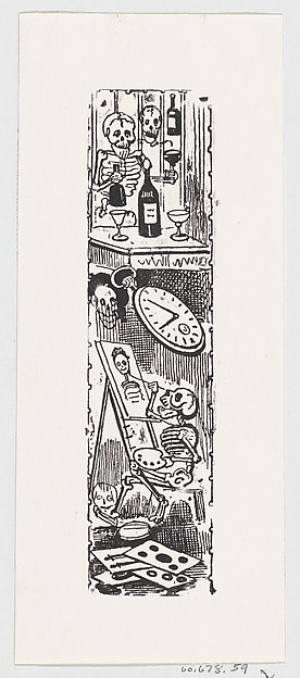 A skeleton painting and another skeleton holding a bottle of liquor, from a broadside entitled 'Aqui esta la calavera del editor popular'