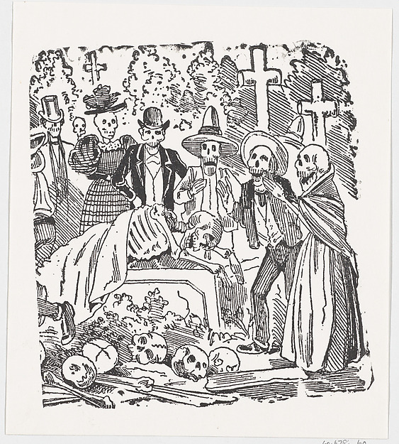 A skeleton covered with a sheet crying in a cemetery, from a broadside entitled ' Calavera llorando el hueso'