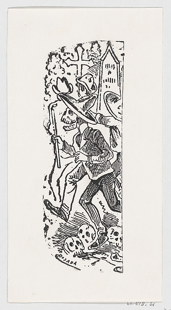 A skeleton running with a crowbar in his hand, from a broadside entitled ' Calavera llorando el hueso'