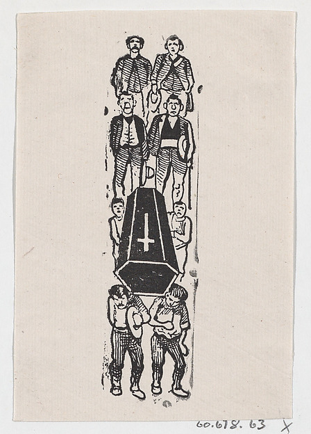 A group of men carrying a coffin with a cross