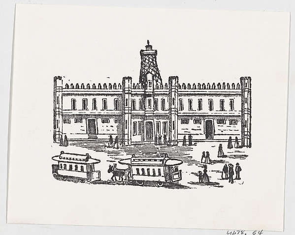 An everyday scene with people and carriages passing through the town square
