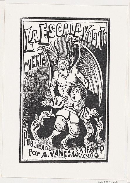 A demon holding a young boy by his shoulders over a group of vultures, illustration for 'La Escala de Viento,' published by Antonio Vanegas Arroyo