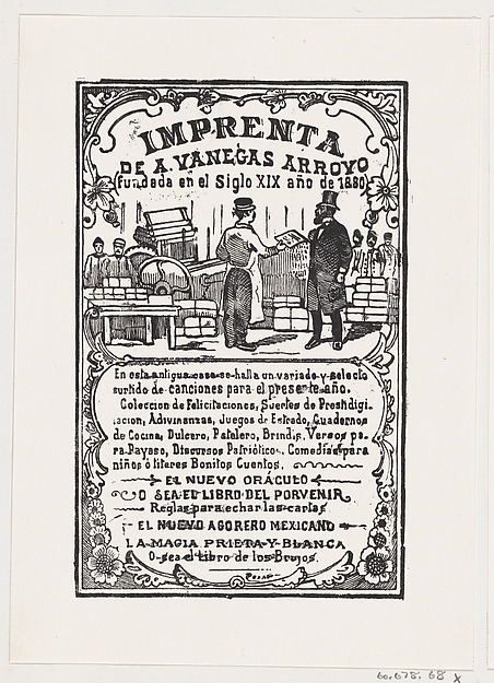 A print shop with a printer handing something to a gentleman, from the broadside 'Imprenta de A. Vanegas Arroyo,' published by Antonio Vanegas Arroyo
