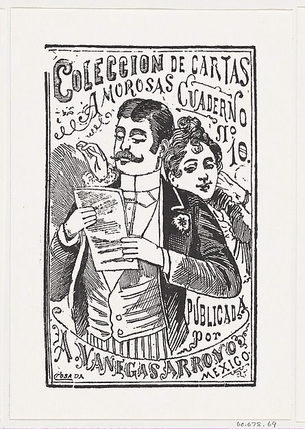 A woman looking over a man's shoulder at the letter in his hand, illustration for 'Coleccion de Cartas Amorosas Cuaderno No. 10,' published by Antonio Vanegas Arroyo