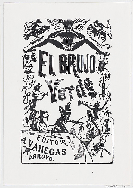Demons troubling a sick man in bed, illustration for 'El Brujo Verde (The Green Magician)' edited by Antonio Vanegas Arroyo