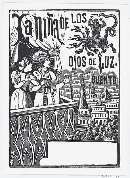 A woman and a man standing on a balcony looking up at a flying monster in the sky, published by Antonio Vanegas Arroyo