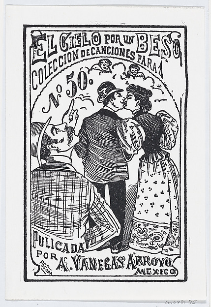 A man pointing to the heavens while a couple kisses in the background, illustration for ' El Cielo por un Beso,' published by Antonio Vanegas Arroyo