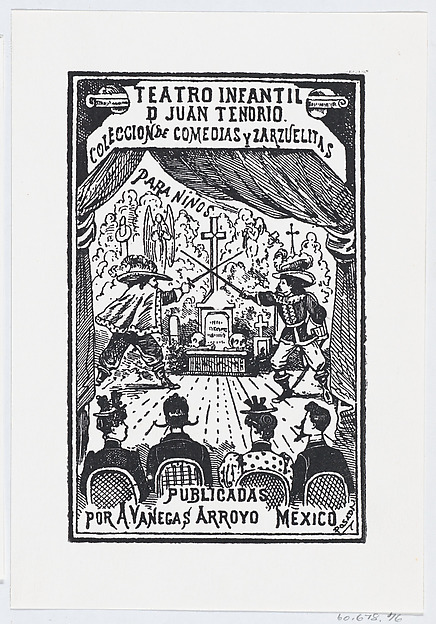 Two men dueling on a stage in front of an audience, illustration for 'Teatro Infantil de Juan Tendrio,' published by Antonio Vanegas Arroyo