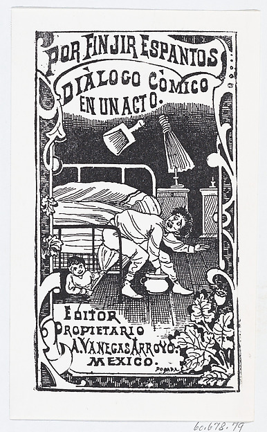 A man sitting on a bed being poked with a broom by someone under the bed, illustration for 'Por Finjir Espantos,' edited by Antonio Vanegas Arroyo