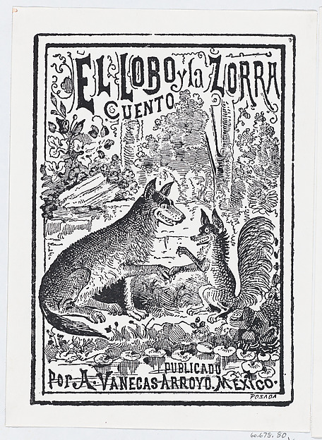A wolf and a fox in the woods, illustration for 'El Lobo y la Zorra,' published by Antonio Vanegas Arroyo