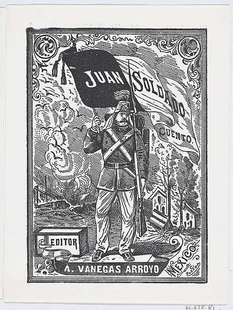 A soldier holding a flag and rifle with a burning village in the background, edited by Antonio Vanegas Arroyo
