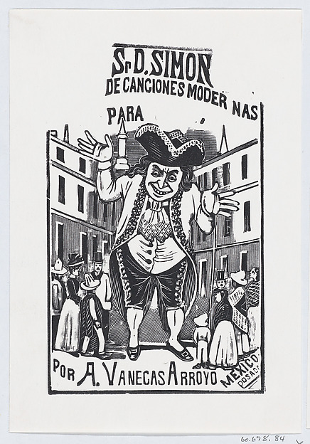 A man shrugging his shoulders towering over buildings and people, illustration for 'Señor D. Simon,' published by Antonio Vanegas Arroyo