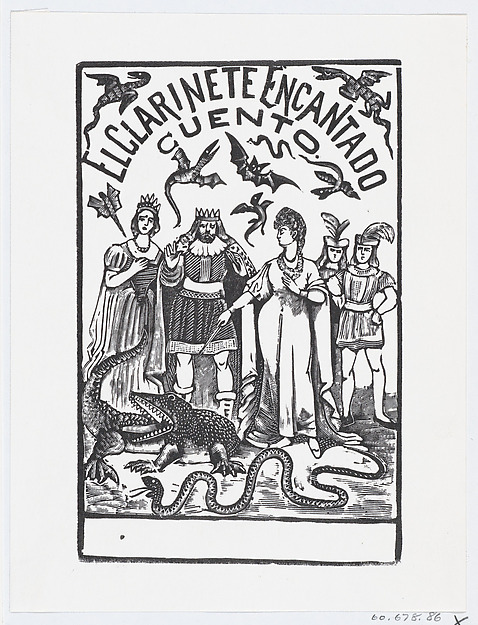 A sorceress pointing her wand at a crocodile while royal figures watch, illustration for 'El Clarinete Encantado'