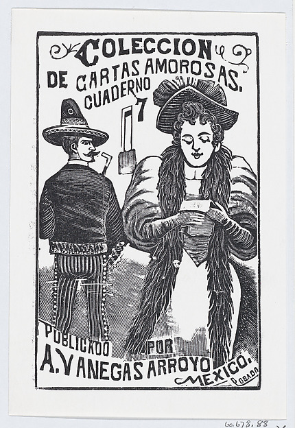 A woman reading a note while a man in the background looks over his shoulder at her, illustration for 'Coleccion de Cartas Amorosas Cuaderno No. 7,' published by Antonio Vanegas Arroyo