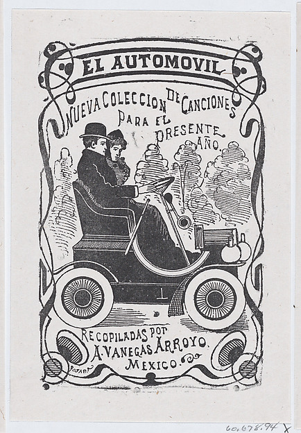 A couple sitting in an automobile, illustration for ' El Automóvil,' publisbed by Antonio Vanegas Arroyo