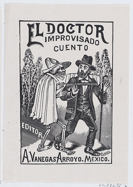 A skeleton wearing a cape speaking to a frightened man with a cane and backpack, illustration for 'El Doctor Improvisado (The Impromptu Doctor)' edited by Antonio Vanegas Arroyo