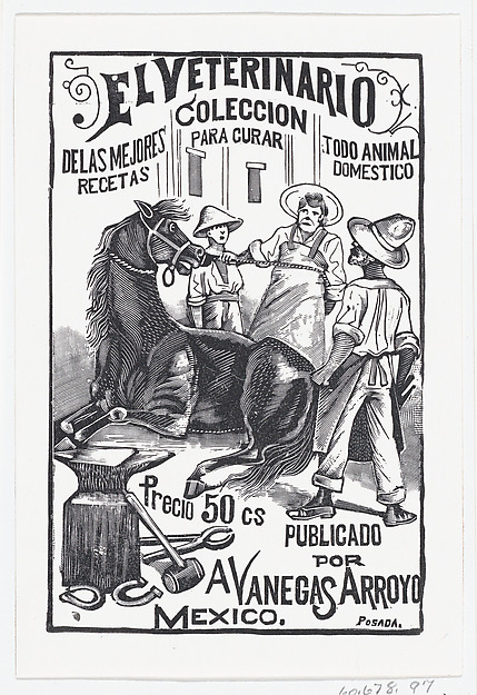 A group of people surrounding a horse, illustration for 'El Veterinario (The Veterinary: Collection of the best prescriptions for curing all domestic animals)' published by Antonio Vanegas Arroyo