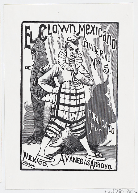 A clown standing with one hand on his hip and an elephant peering out from behind a curtain, illustration for 'El Clown Mexicano (The Mexican Clown)' published by Antonio Vanegas Arroyo