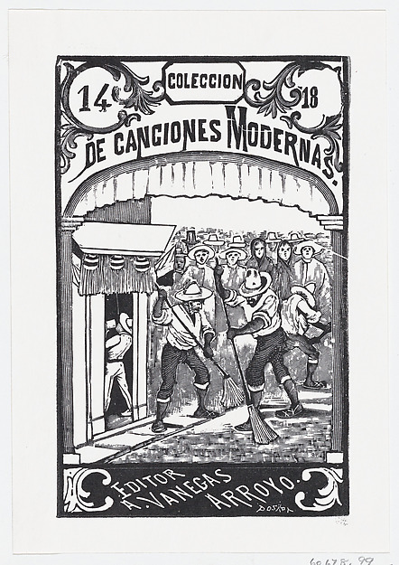 Two men sweeping the street while a crowd of people in the background watch, illustration for 'Coleccion de Canciones Modernas Cuaderno No. 14,' edited by Antonio Vanegas Arroyo