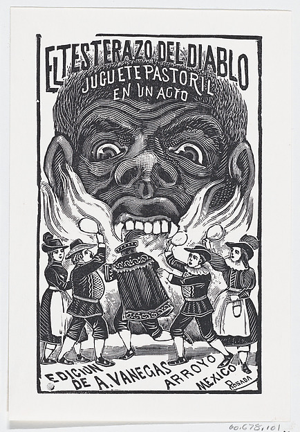 A demon breathing fire and people running around in the foreground, illustration for 'El Testerazo del Diablo,' published by Antonio Vanegas Arroyo