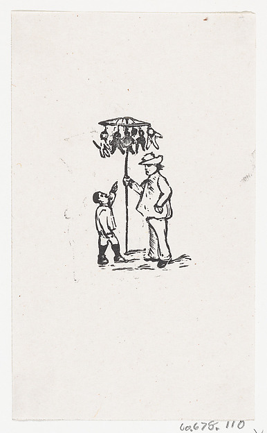 A vendor selling toys to a child