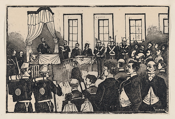 The trial of the killers of Tomas Hernandez Aguirre, from a broadside entitled 'El jurado de los asesinos del Sr. Tomás Hernábdez Aguirre. Defensa de los reos. La sentencia. Actitud de los criminales'