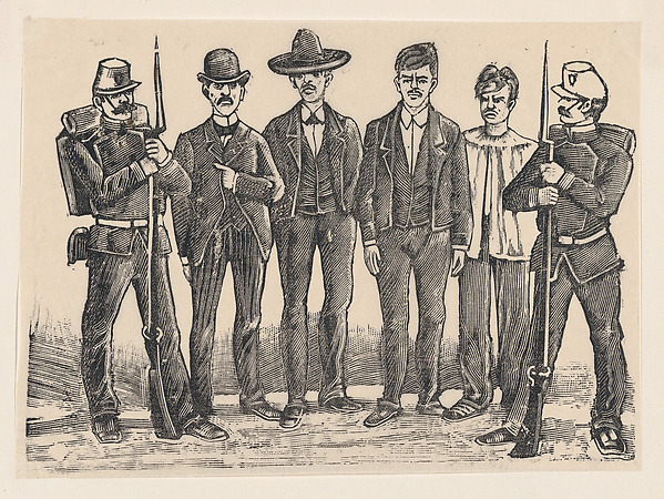 Four criminals standing in a line flanked by officers, relating to the impending executions of Luis Izaguirre, Bruno Martinez, Francisco Guerrero, and Alberto Fernandez, who were connected with a theft at La Profesa