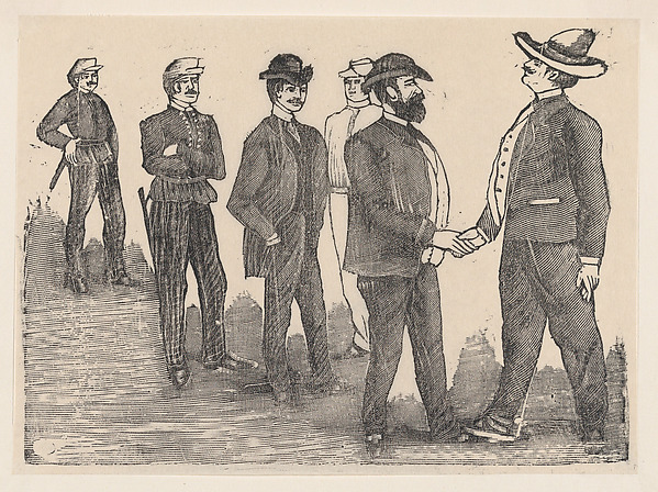 Two men shaking hands in the foreground and officers watching them in the background