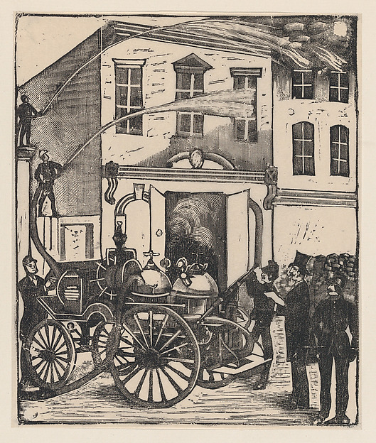 Firefighters putting out a fire in a house, firetruck in foreground