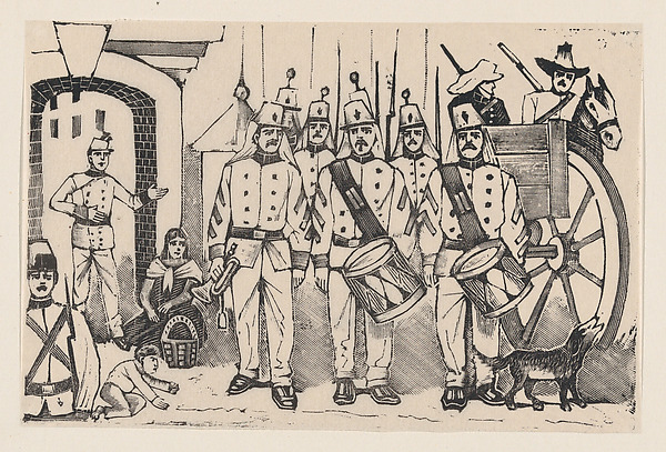 A marching band standing in a street, illustration from 'La gorra del cuartel'