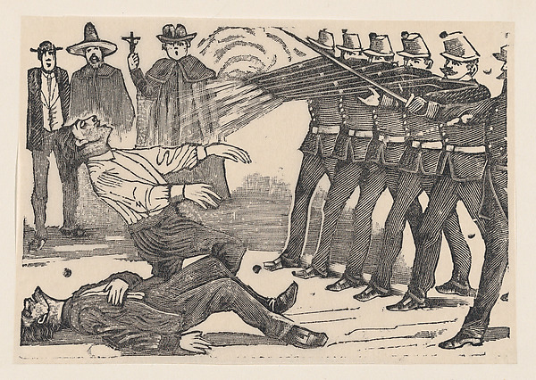 A firing squad executing two men, a priest and other figures in the background