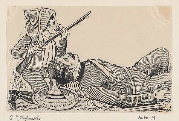 A revolutionary holding a rifle and kneeling to protect a fallen revolutionary