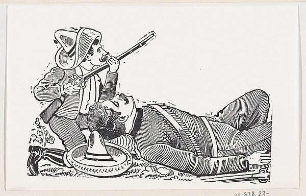 A revolutionary holding a rifle and kneeling to protect a fallen revolutionary