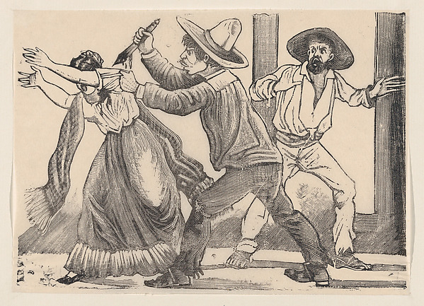 A man grabbing a woman by her sleeve and stabbing her, from a broadside entitled 'The murder of Leandra Martinez by her brother, Manuel'