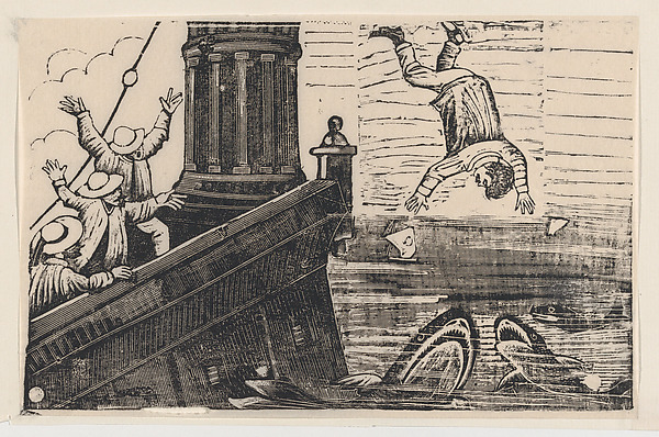 A man being thrown to the sharks, from a broadside entitled 'Triste Fin de Gerardo Nevraumont'