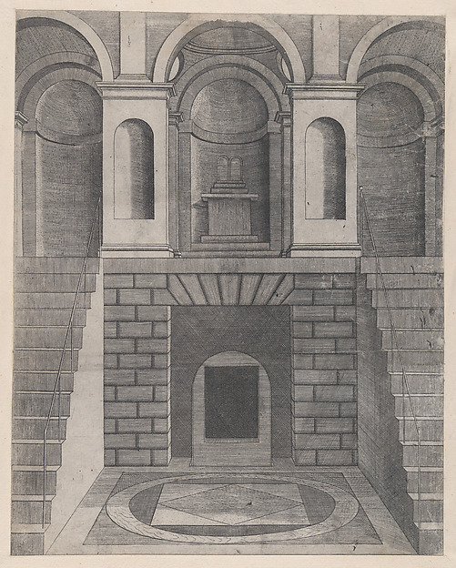 Speculum Romanae Magnificentiae: Interior, showing an underground chamber reached by two flights of stairs, one on each side; niches on the landing above.