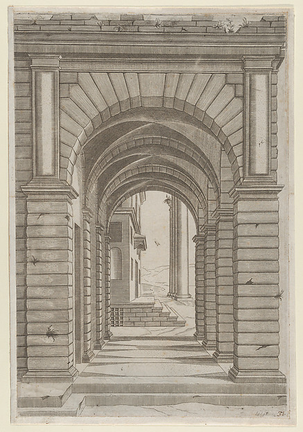 Speculum Romanae Magnificentiae: Front of a Building seen sideways through an arcade of four arches on its left front.