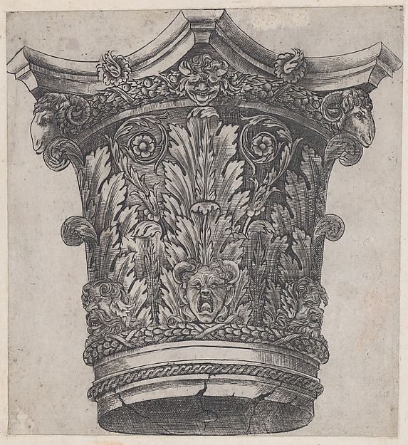 Capital with ram heads and masks, from "Speculum Romanae Magnificentiae"