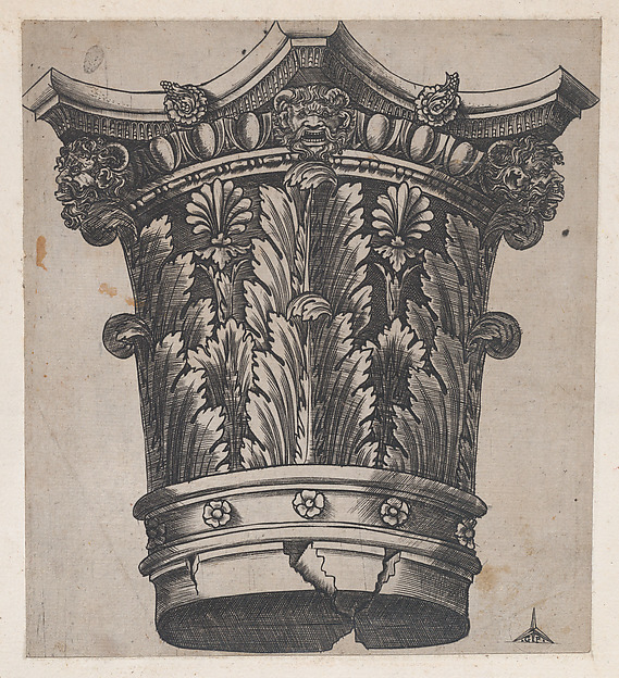 Capital with heads and masks, from "Speculum Romanae Magnificentiae"
